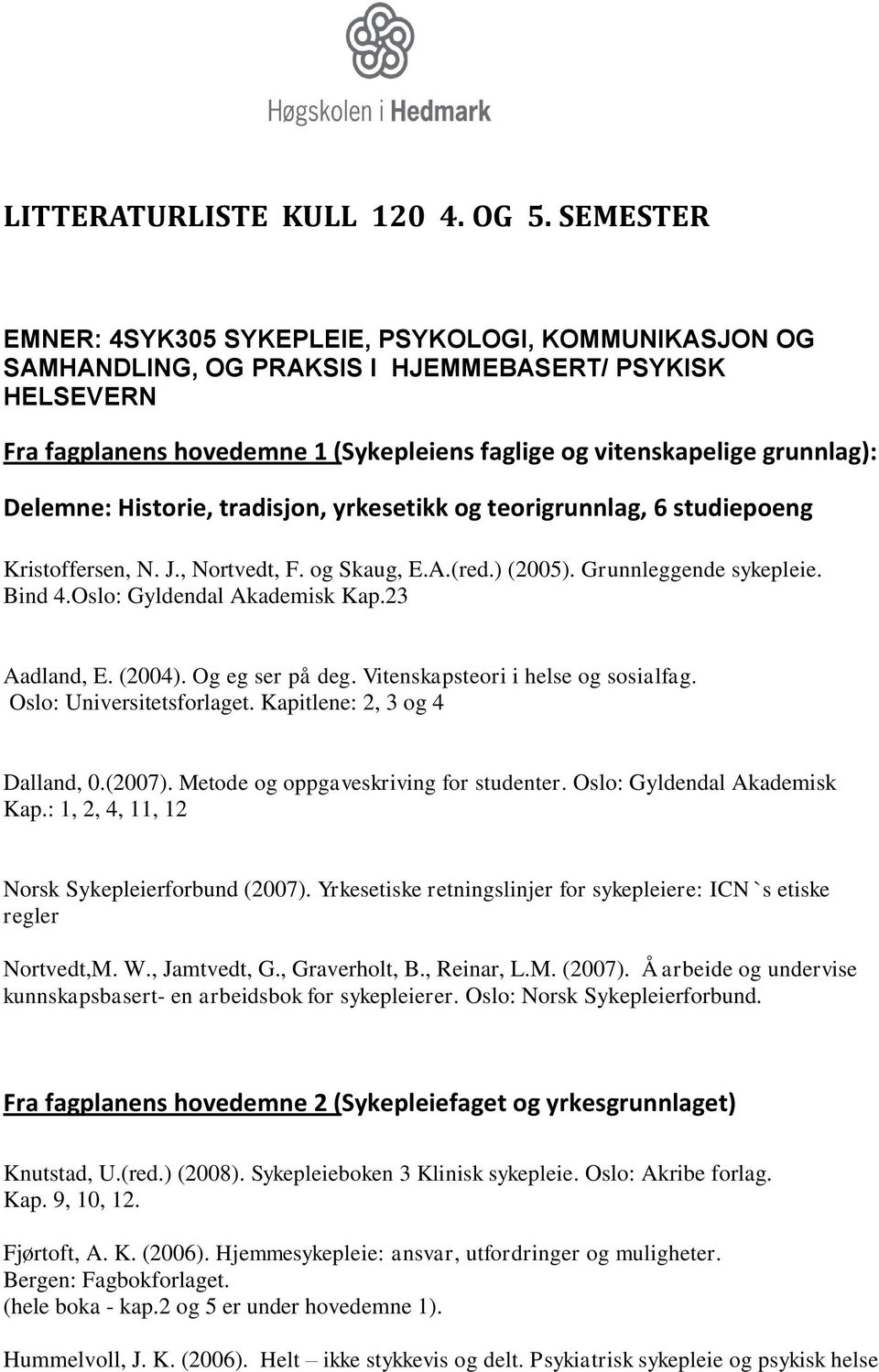 Delemne: Historie, tradisjon, yrkesetikk og teorigrunnlag, 6 studiepoeng Kristoffersen, N. J., Nortvedt, F. og Skaug, E.A.(red.) (2005). Grunnleggende sykepleie. Bind 4.Oslo: Gyldendal Akademisk Kap.