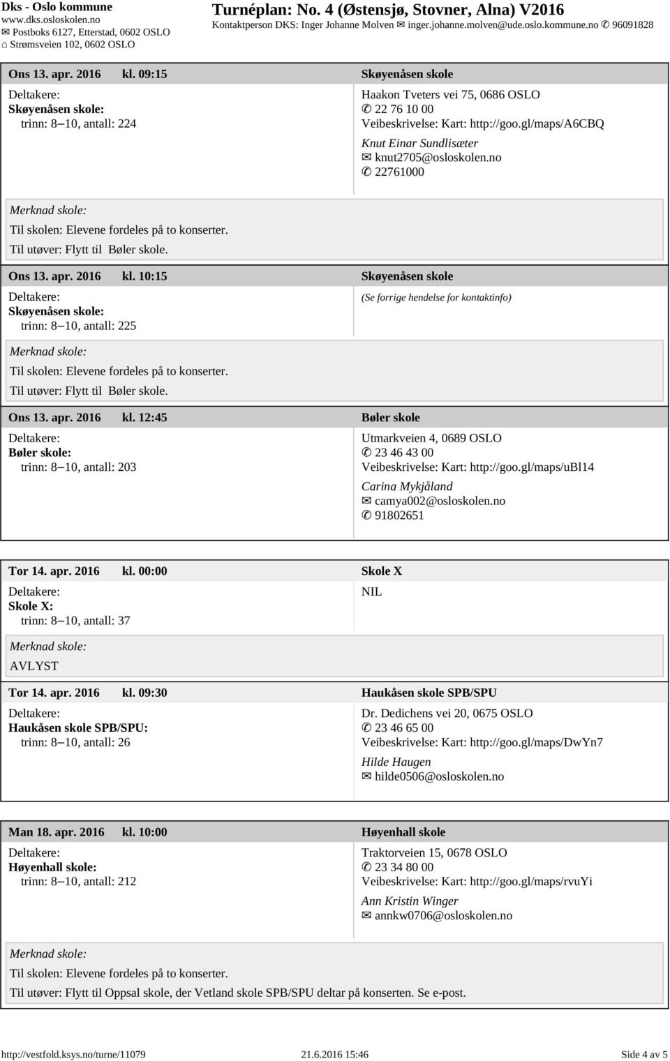 10:15 Skøyenåsen skole Skøyenåsen skole: trinn: 8 10, antall: 225 Til utøver: Flytt til Bøler skole. Ons 13. apr. 2016 kl.