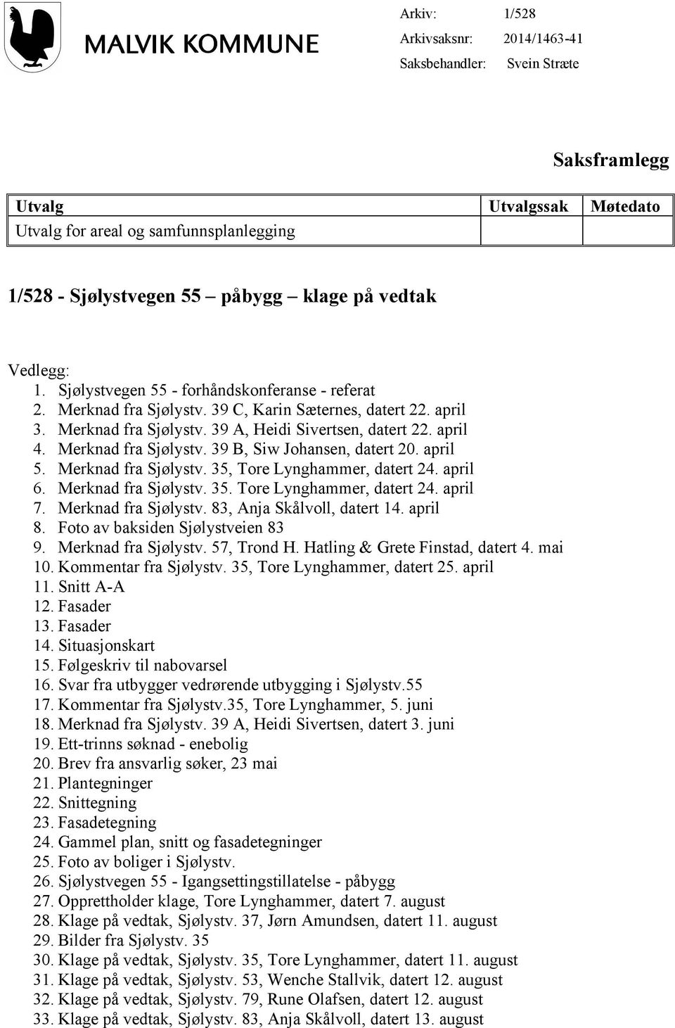 Merknad fra Sjølystv. 39 B, Siw Johansen, datert 20. april 5. Merknad fra Sjølystv. 35, Tore Lynghammer, datert 24. april 6. Merknad fra Sjølystv. 35. Tore Lynghammer, datert 24. april 7.