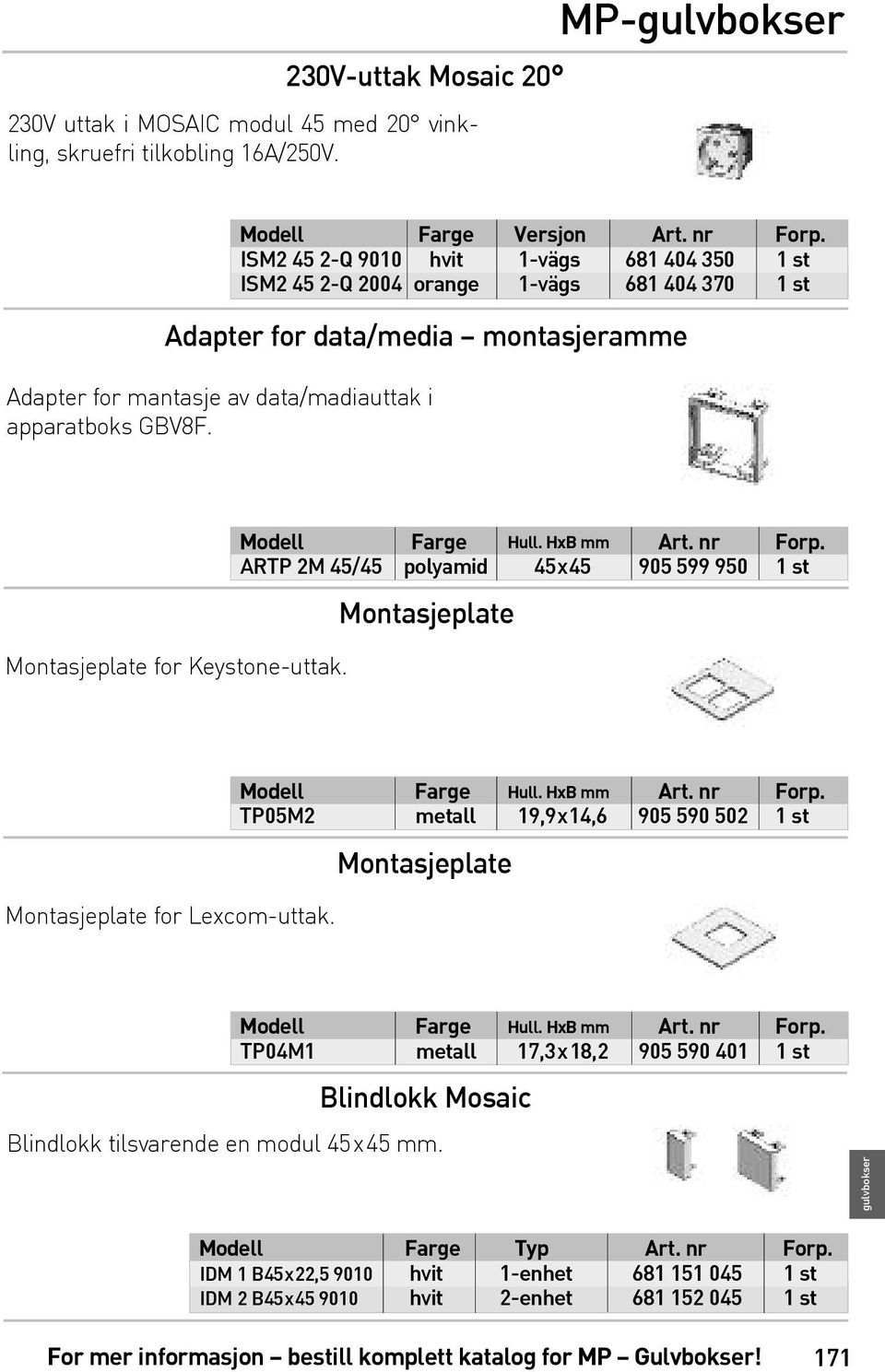 nr Forp. ARTP 2M 45/45 polyamid 45x45 905 599 950 1 st Montasjeplate Montasjeplate for Lexcom-uttak. Modell Farge Hull. HxB mm Art. nr Forp.