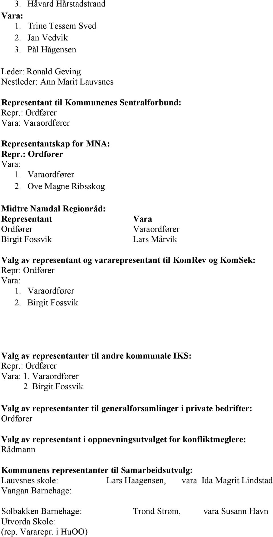 Ove Magne Ribsskog Midtre Namdal Regionråd: Representant Ordfører Birgit Fossvik Vara Varaordfører Lars Mårvik Valg av representant og vararepresentant til KomRev og KomSek: Repr: Ordfører Vara: 1.