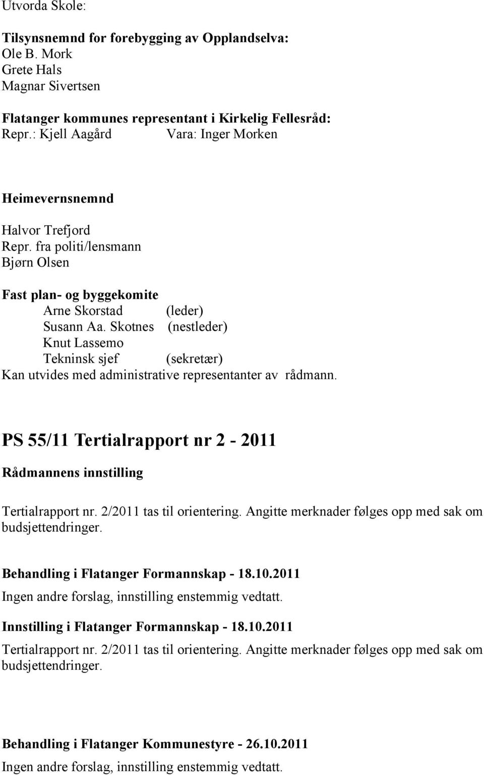 Skotnes (nestleder) Knut Lassemo Tekninsk sjef (sekretær) Kan utvides med administrative representanter av rådmann. PS 55/11 Tertialrapport nr 2-2011 Rådmannens innstilling Tertialrapport nr.