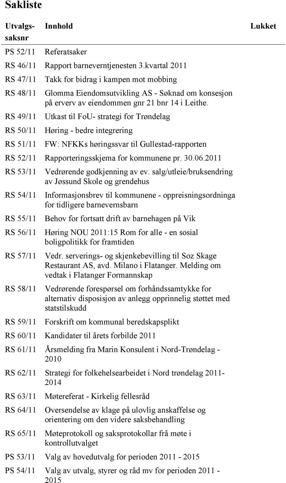 Utkast til FoU- strategi for Trøndelag Høring - bedre integrering FW: NFKKs høringssvar til Gullestad-rapporten RS 52/11 Rapporteringsskjema for kommunene pr. 30.06.