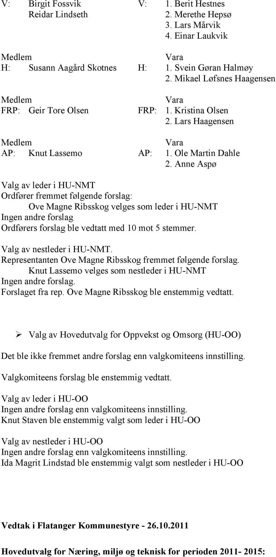 Anne Aspø Valg av leder i HU-NMT Ordfører fremmet følgende forslag: Ove Magne Ribsskog velges som leder i HU-NMT Ingen andre forslag Ordførers forslag ble vedtatt med 10 mot 5 stemmer.