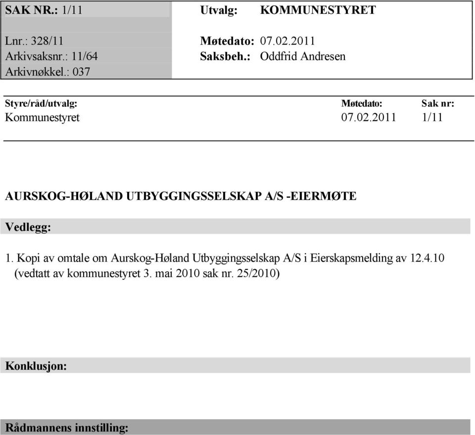 2011 1/11 AURSKOG-HØLAND UTBYGGINGSSELSKAP A/S -EIERMØTE Vedlegg: 1.