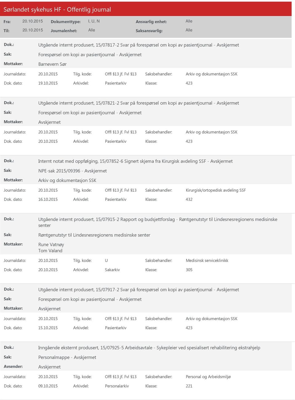 dato: Arkivdel: Pasientarkiv Internt notat med oppfølging, 15/07852-6 Signert skjema fra Kirurgisk avdeling SSF - NPE-sak 2015/09396 - Kirurgisk/ortopedisk avdeling SSF Dok. dato: 16.10.