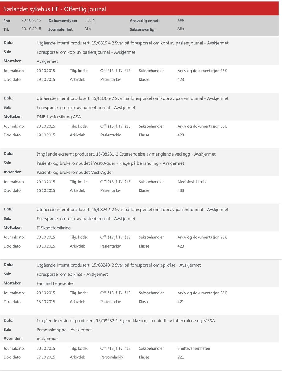 2015 Arkivdel: Pasientarkiv Inngående eksternt produsert, 15/08231-2 Ettersendelse av manglende vedlegg - Pasient- og brukerombudet i Vest-Agder - klage på behandling - Pasient- og brukerombudet