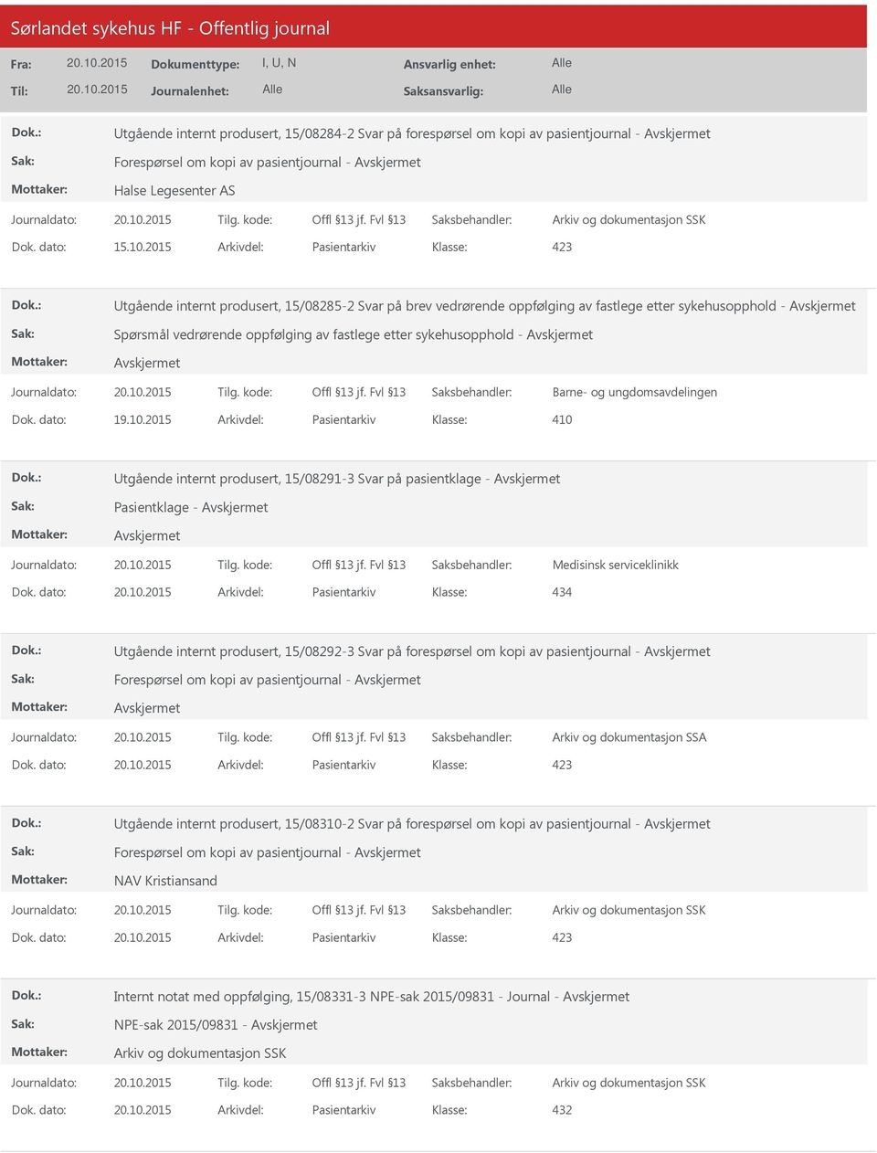 - Barne- og ungdomsavdelingen Dok. dato: 19.10.2015 Arkivdel: Pasientarkiv 410 tgående internt produsert, 15/08291-3 Svar på pasientklage - Pasientklage - Medisinsk serviceklinikk Dok.