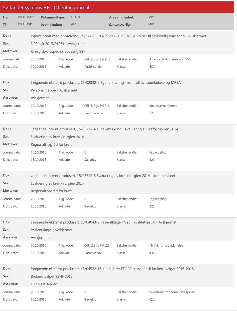 2015 Arkivdel: Personalarkiv tgående internt produsert, 15/03717-4 Tilbakemelding - Evaluering av kreftkirurgien 2014 Evaluering av kreftkirurgien 2014 Regionalt fagråd for kreft Fagavdeling Dok.