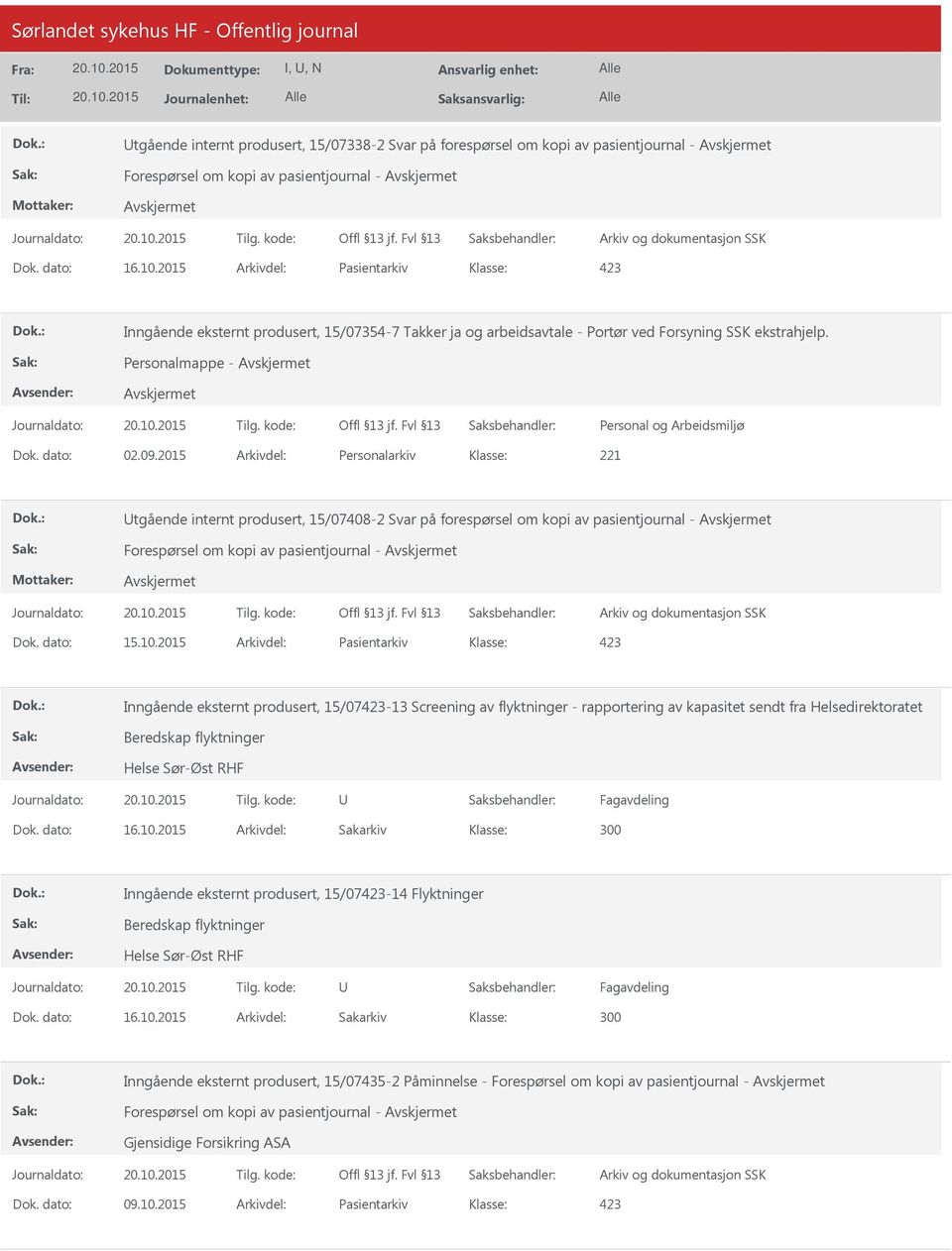 2015 Arkivdel: Personalarkiv tgående internt produsert, 15/07408-2 Svar på forespørsel om kopi av pasientjournal - Forespørsel om kopi av pasientjournal - Dok. dato: 15.10.