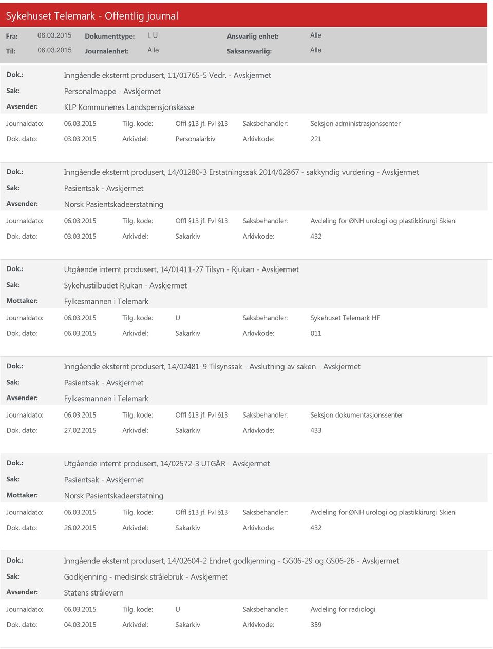 tgående internt produsert, 14/01411-27 Tilsyn - Rjukan - Sykehustilbudet Rjukan - Fylkesmannen i Telemark Sykehuset Telemark HF Dok.