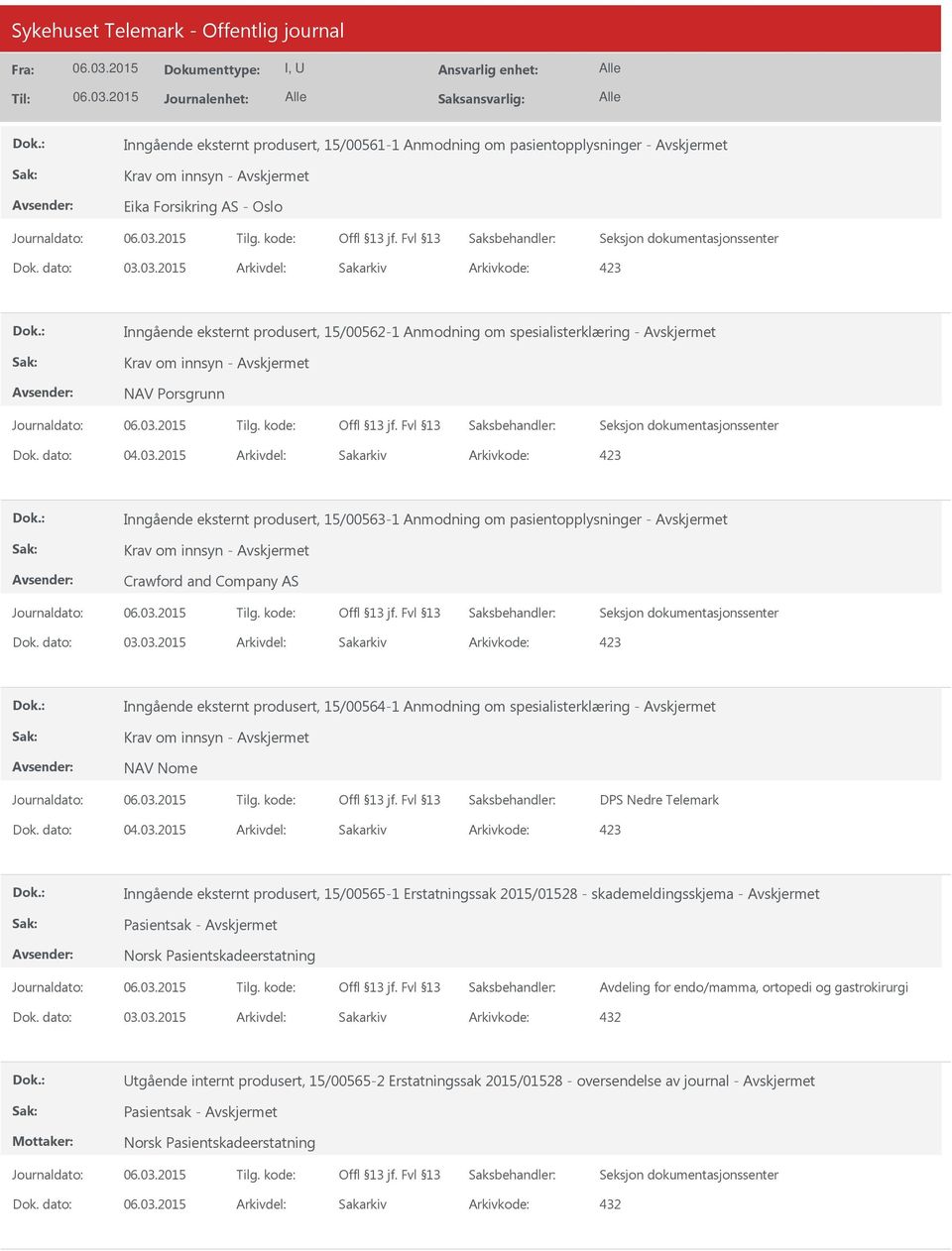 produsert, 15/00564-1 Anmodning om spesialisterklæring - Krav om innsyn - NAV Nome DPS Nedre Telemark Inngående eksternt produsert, 15/00565-1 Erstatningssak 2015/01528 -