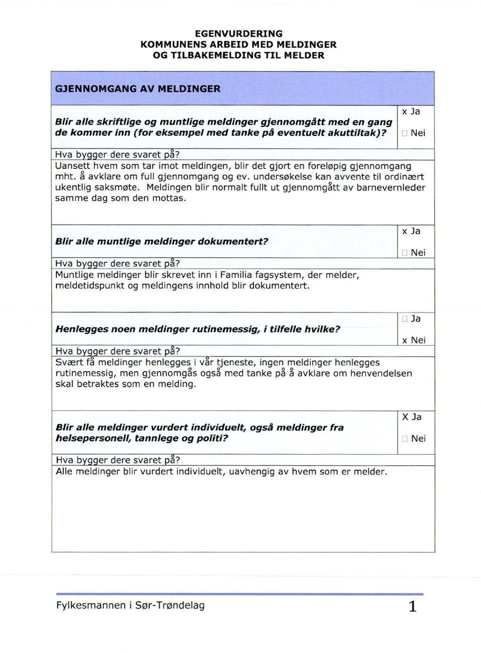 undersøkelse kan avvente til ordinært ukentlig saksmøte.meldingen blir normalt fullt ut gjennomgått av barnevernleder samme dag som den mottas. Blir alle muntlige meldinger dokumentert?