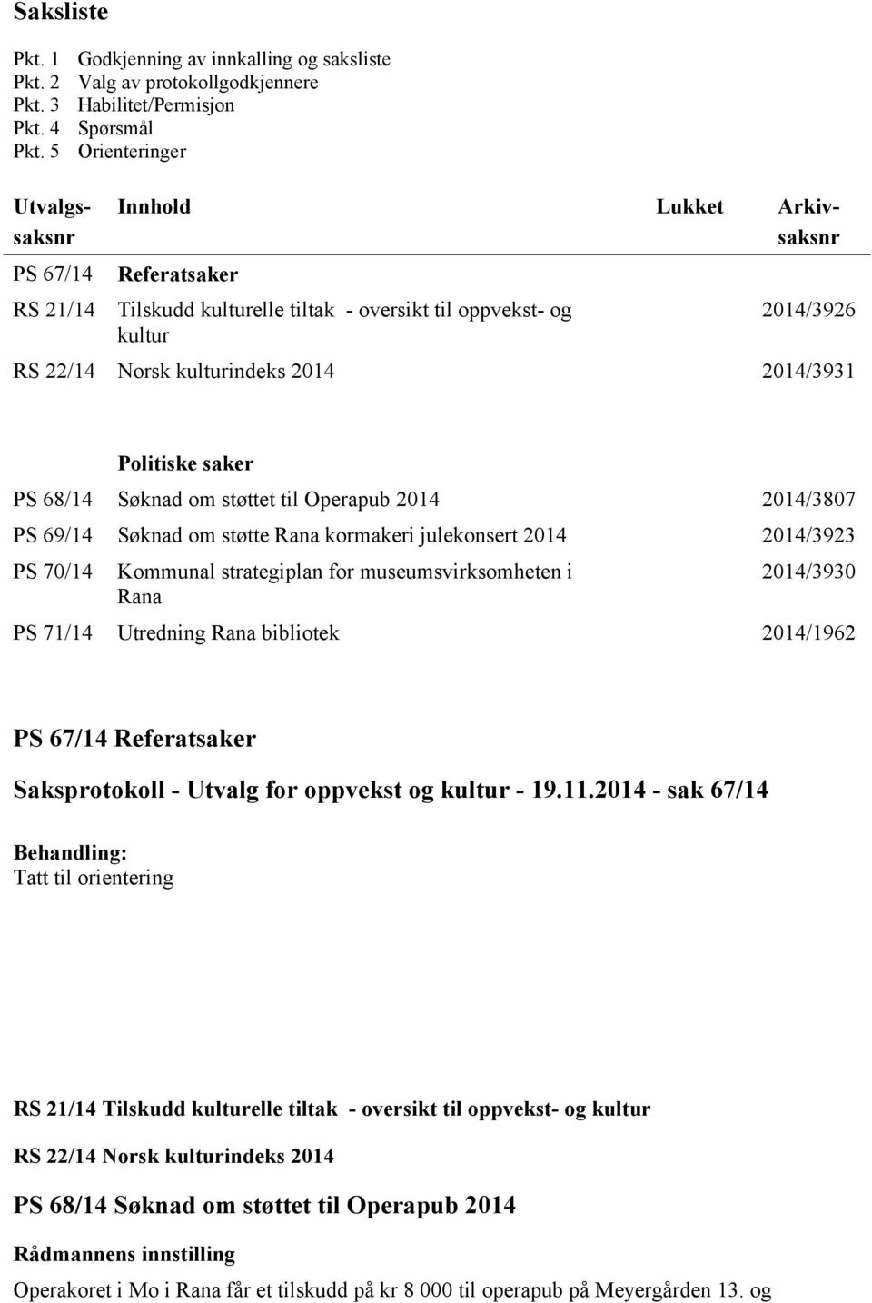 kulturelle tiltak - oversikt til oppvekst- og kultur RS 22/14 Norsk kulturindeks 2014 2014/3926 2014/3931 Politiske saker PS 68/14 Søknad om støttet til Operapub 2014 2014/3807 PS 69/14 Søknad om