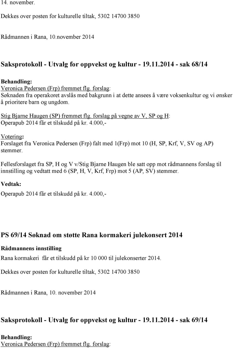 Stig Bjarne Haugen (SP) fremmet flg. forslag på vegne av V, SP og H: Operapub 2014 får et tilskudd på kr. 4.