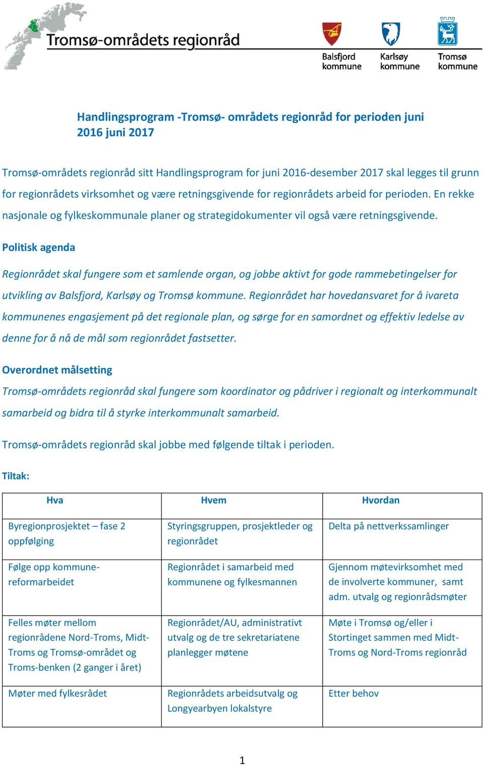 Politisk agenda Regionrådet skal fungere som et samlende organ, og jobbe aktivt for gode rammebetingelser for utvikling av Balsfjord, Karlsøy og Tromsø kommune.