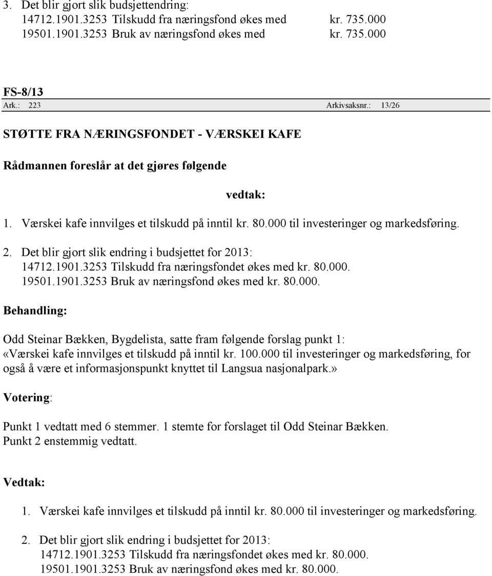 Det blir gjort slik endring i budsjettet for 2013: 14712.1901.3253 Tilskudd fra næringsfondet økes med kr. 80.000.