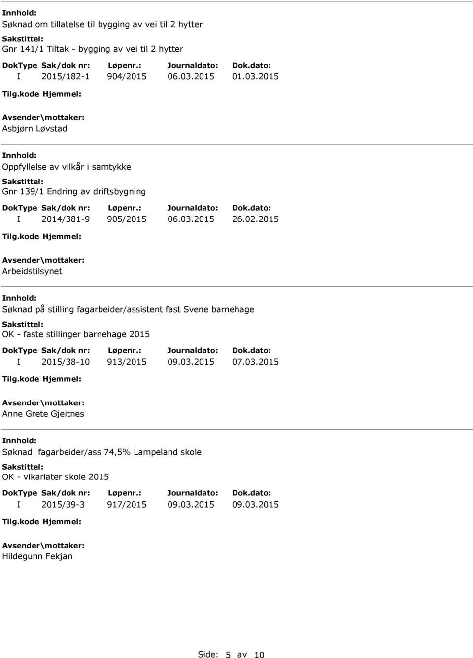 2015 Arbeidstilsynet nnhold: Søknad på stilling fagarbeider/assistent fast Svene barnehage OK - faste stillinger barnehage 2015 2015/38-10