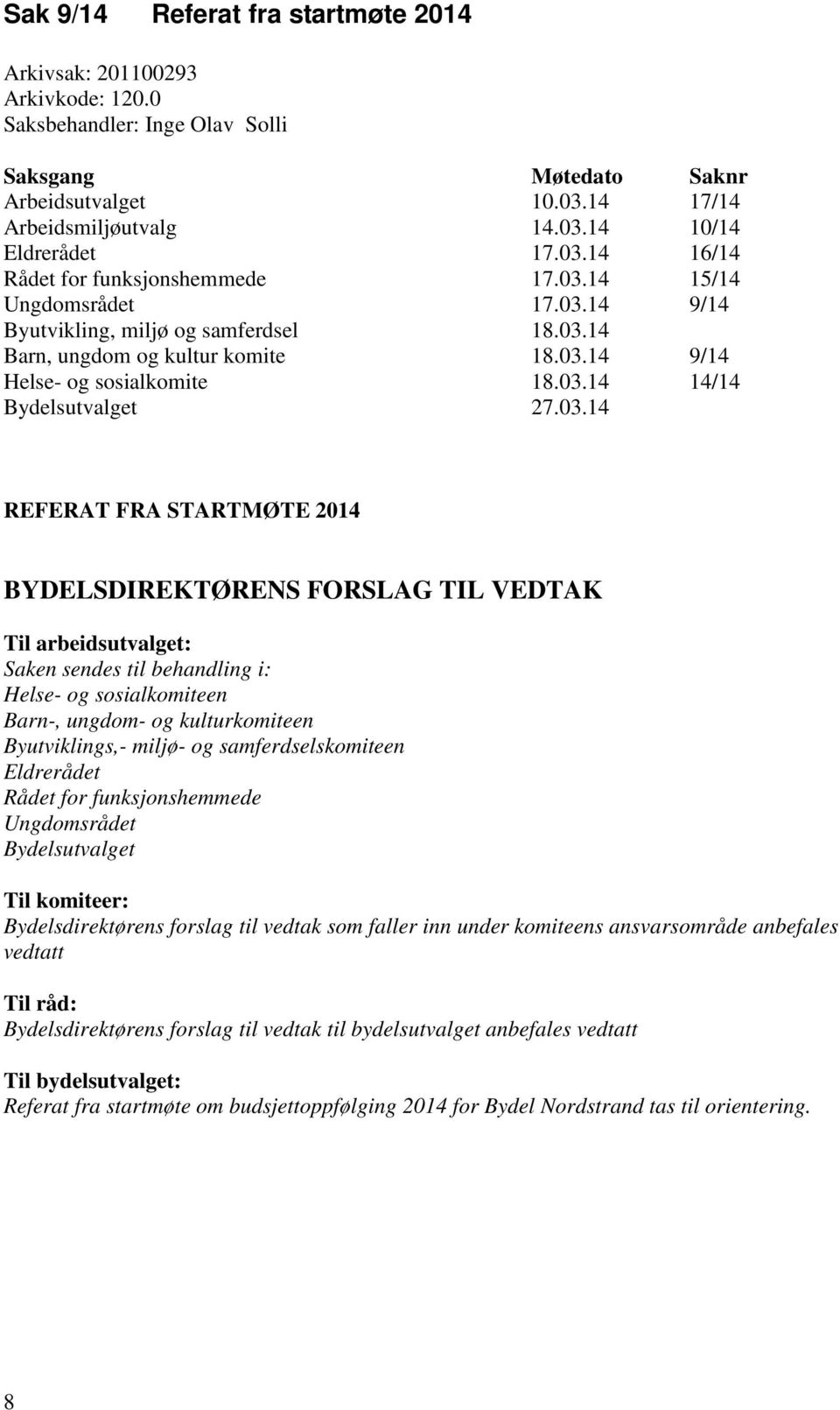 03.14 REFERAT FRA STARTMØTE 2014 BYDELSDIREKTØRENS FORSLAG TIL VEDTAK Til arbeidsutvalget: Saken sendes til behandling i: Helse- og sosialkomiteen Barn-, ungdom- og kulturkomiteen Byutviklings,-