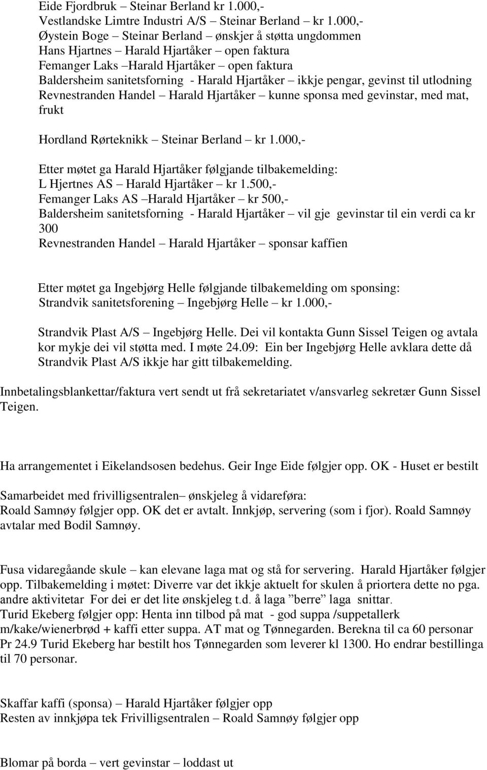 ikkje pengar, gevinst til utlodning Revnestranden Handel Harald Hjartåker kunne sponsa med gevinstar, med mat, frukt Hordland Rørteknikk Steinar Berland kr 1.