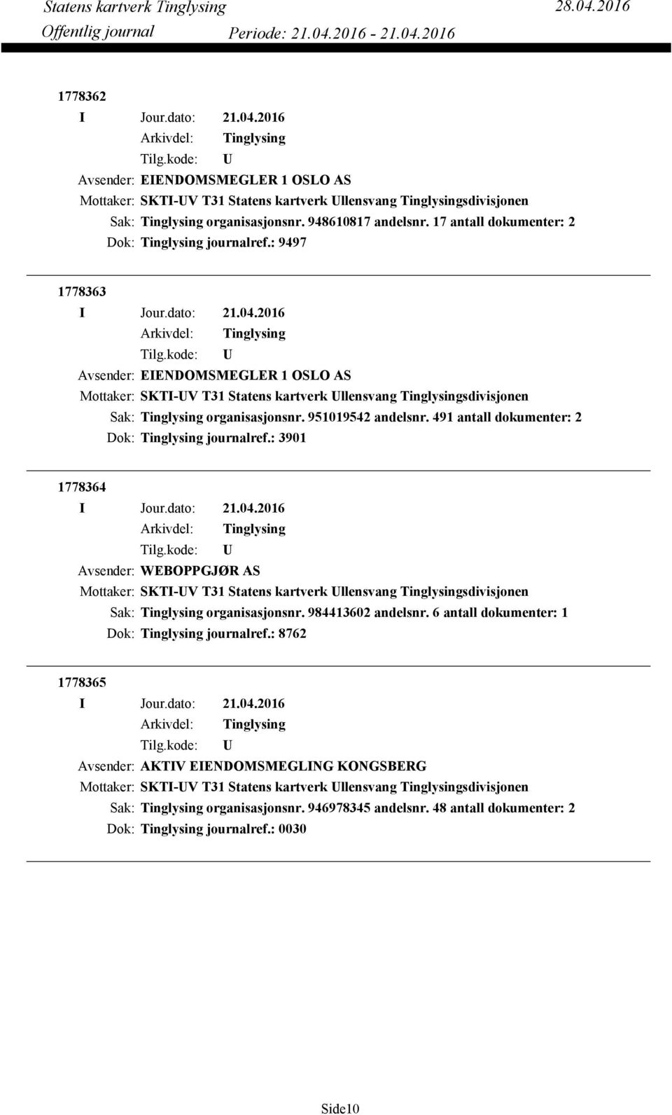 491 antall dokumenter: 2 Dok: journalref.: 3901 1778364 Avsender: WEBOPPGJØR AS Mottaker: SKTI-V T31 Statens kartverk llensvang sdivisjonen organisasjonsnr. 984413602 andelsnr.