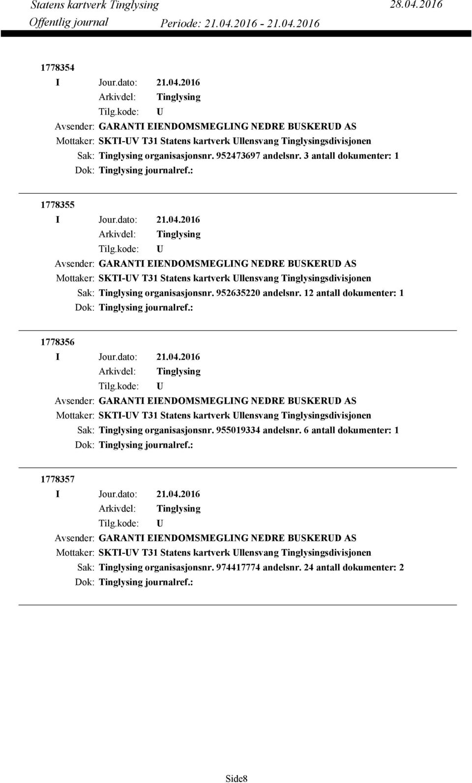 12 antall dokumenter: 1 Dok: journalref.: 1778356 Avsender: GARANTI EIENDOMSMEGLING NEDRE BSKERD AS Mottaker: SKTI-V T31 Statens kartverk llensvang sdivisjonen organisasjonsnr. 955019334 andelsnr.