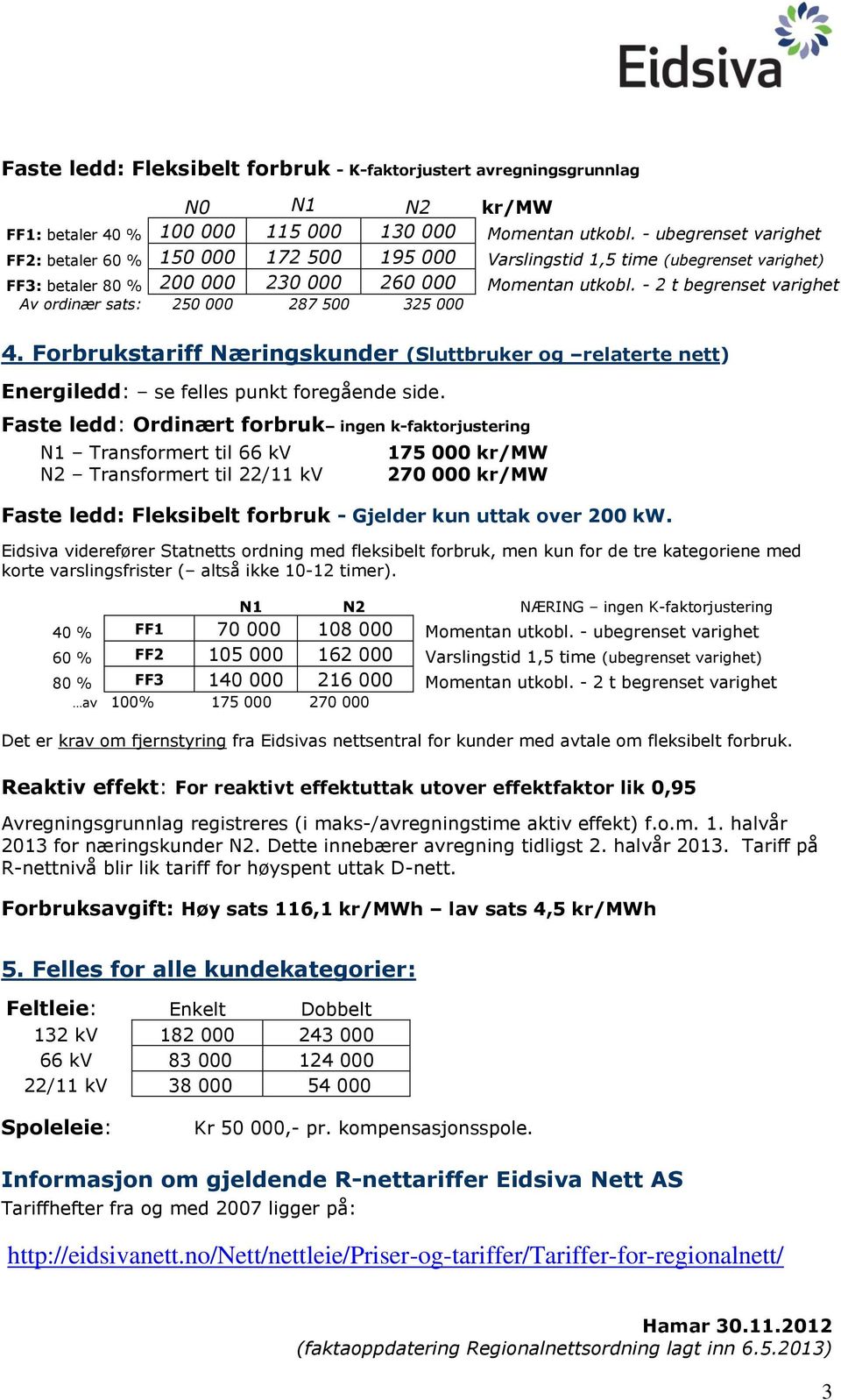 - 2 t begrenset varighet Av ordinær sats: 250 000 287 500 325 000 4. Forbrukstariff Næringskunder (Sluttbruker og relaterte nett) Energiledd: se felles punkt foregående side.