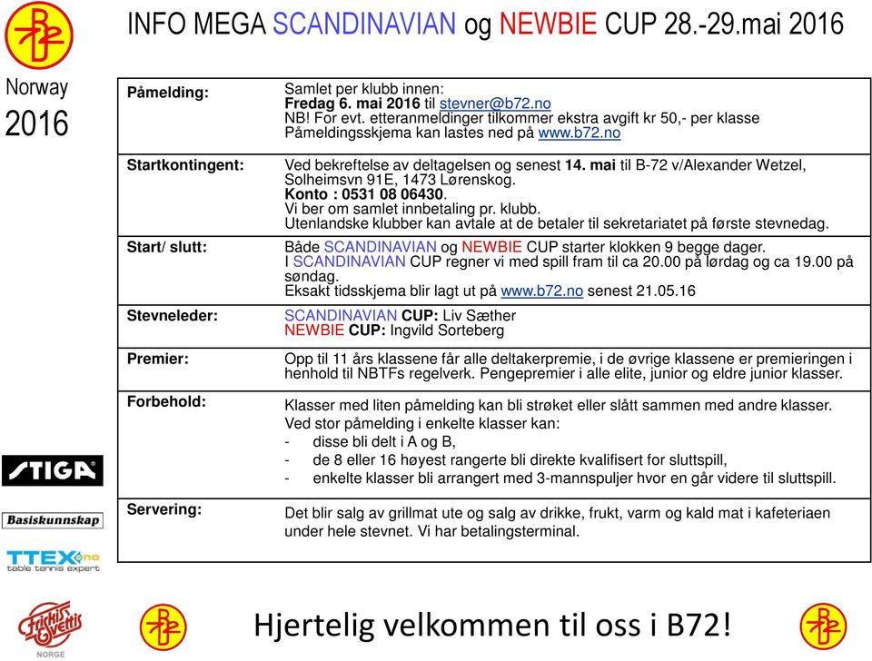 mai til B-72 v/alexander Wetzel, Solheimsvn 91E, 1473 Lørenskog. Konto : 0531 08 06430. Vi ber om samlet innbetaling pr. klubb.