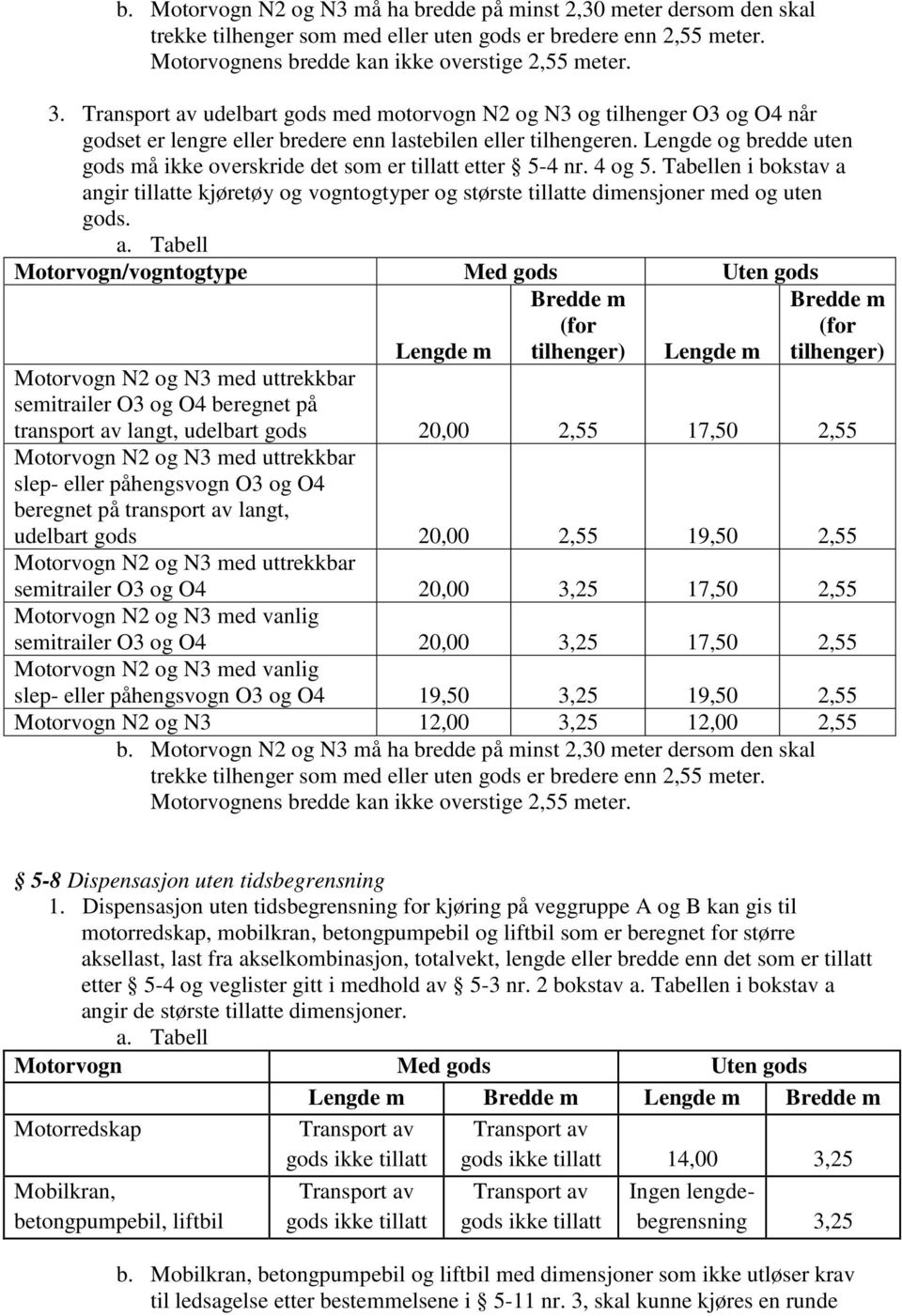 Lengde og bredde uten gods må ikke overskride det som er tillatt etter 5-4 nr. 4 og 5. Tabellen i bokstav a angir tillatte kjøretøy og vogntogtyper og største tillatte dimensjoner med og uten gods.