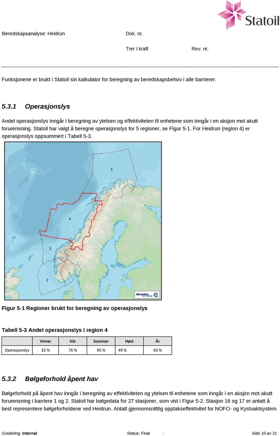 Statoil har valgt å beregne operasjonslys for 5 regioner, se Figur 5-1. For Heidrun (region 4) er operasjonslys oppsummert i Tabell 5-3.