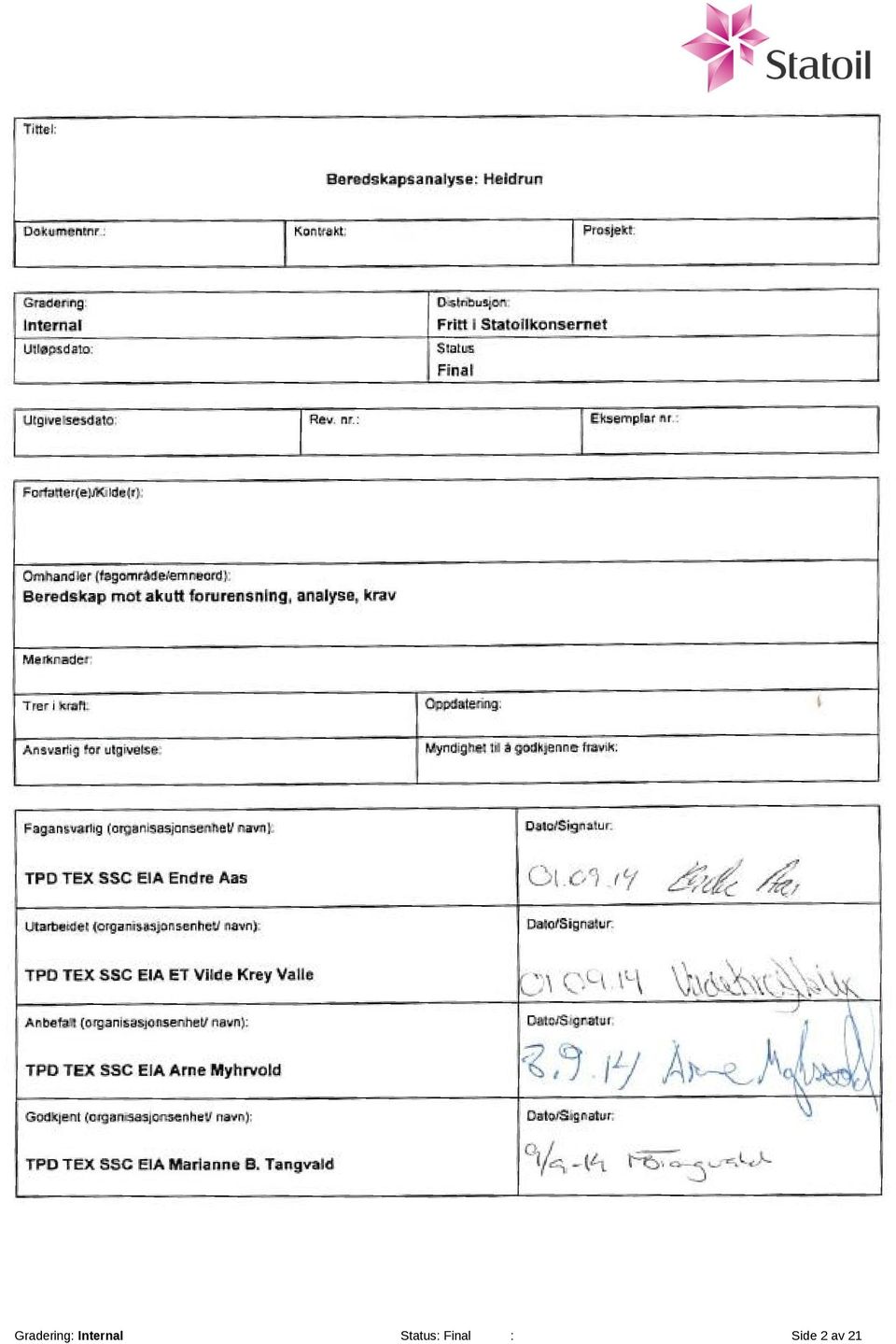 Fagansvarlig (organisasjonsenhet/ navn): Dato/Signatur: TPD TEX SSC EIA Endre Aas Utarbeidet (organisasjonsenhet/ navn): Dato/Signatur: TPD TEX SSC EIA ET Vilde Krey Valle Anbefalt