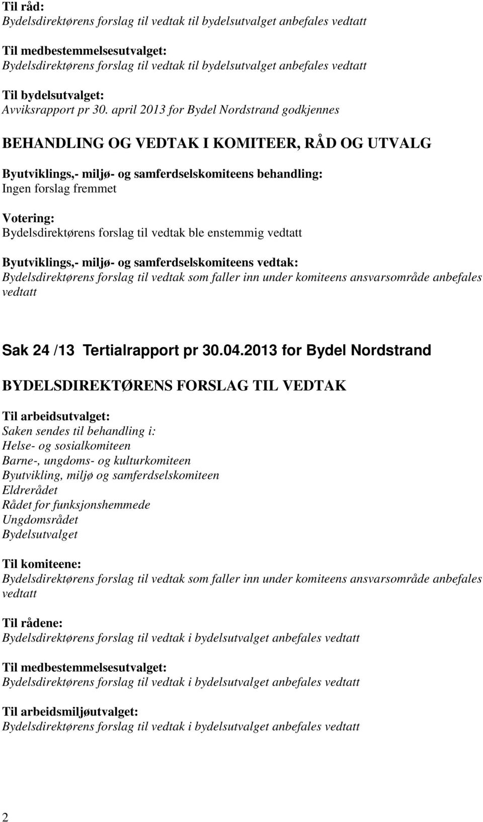 2013 for Bydel Nordstrand Saken sendes til behandling i: Helse- og sosialkomiteen Barne-, ungdoms- og kulturkomiteen Byutvikling, miljø og samferdselskomiteen Eldrerådet Rådet for funksjonshemmede