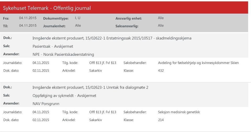 fødselshjelp og kvinnesykdommer Skien 432 Inngående eksternt produsert,