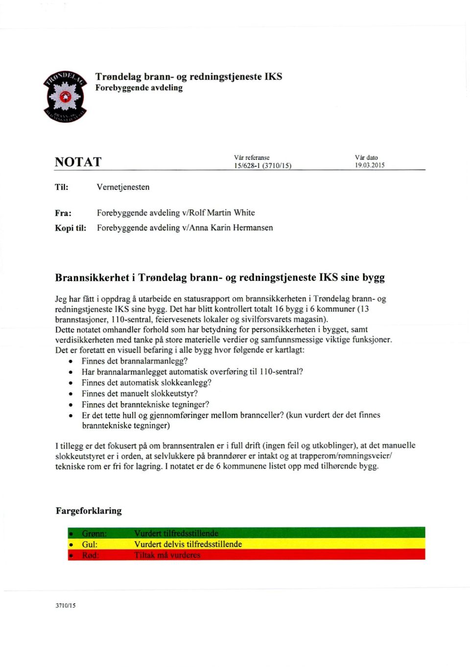 har ratt i oppdrag å utarbeide en statusrapport om brannsikkerheten i Trondelag brann- og redningstjeneste IKS sine by gg. Det har blitt kontrollert totalt 16 by gg i 6 kommuner (13 er. 110-sentral.