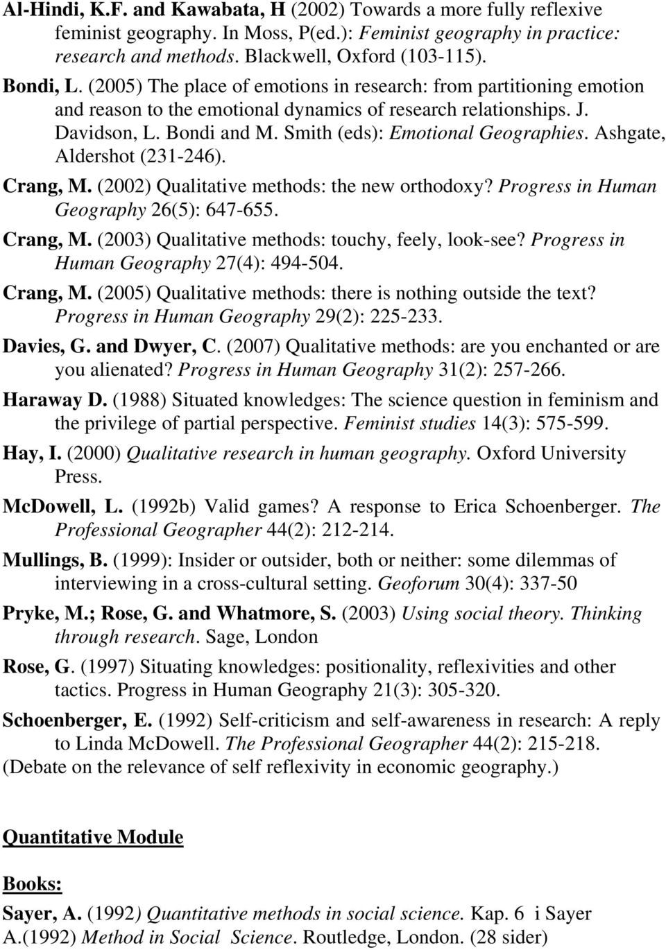 Ashgate, Aldershot (231-246). Crang, M. (2002) Qualitative methods: the new orthodoxy? Progress in Human Geography 26(5): 647-655. Crang, M. (2003) Qualitative methods: touchy, feely, look-see?