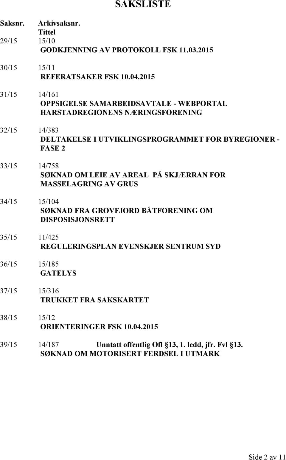 14/758 SØKNAD OM LEIE AV AREAL PÅ SKJÆRRAN FOR MASSELAGRING AV GRUS 34/15 15/104 SØKNAD FRA GROVFJORD BÅTFORENING OM DISPOSISJONSRETT 35/15 11/425 REGULERINGSPLAN