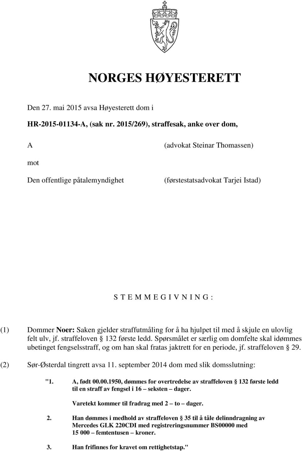 straffutmåling for å ha hjulpet til med å skjule en ulovlig felt ulv, jf. straffeloven 132 første ledd.