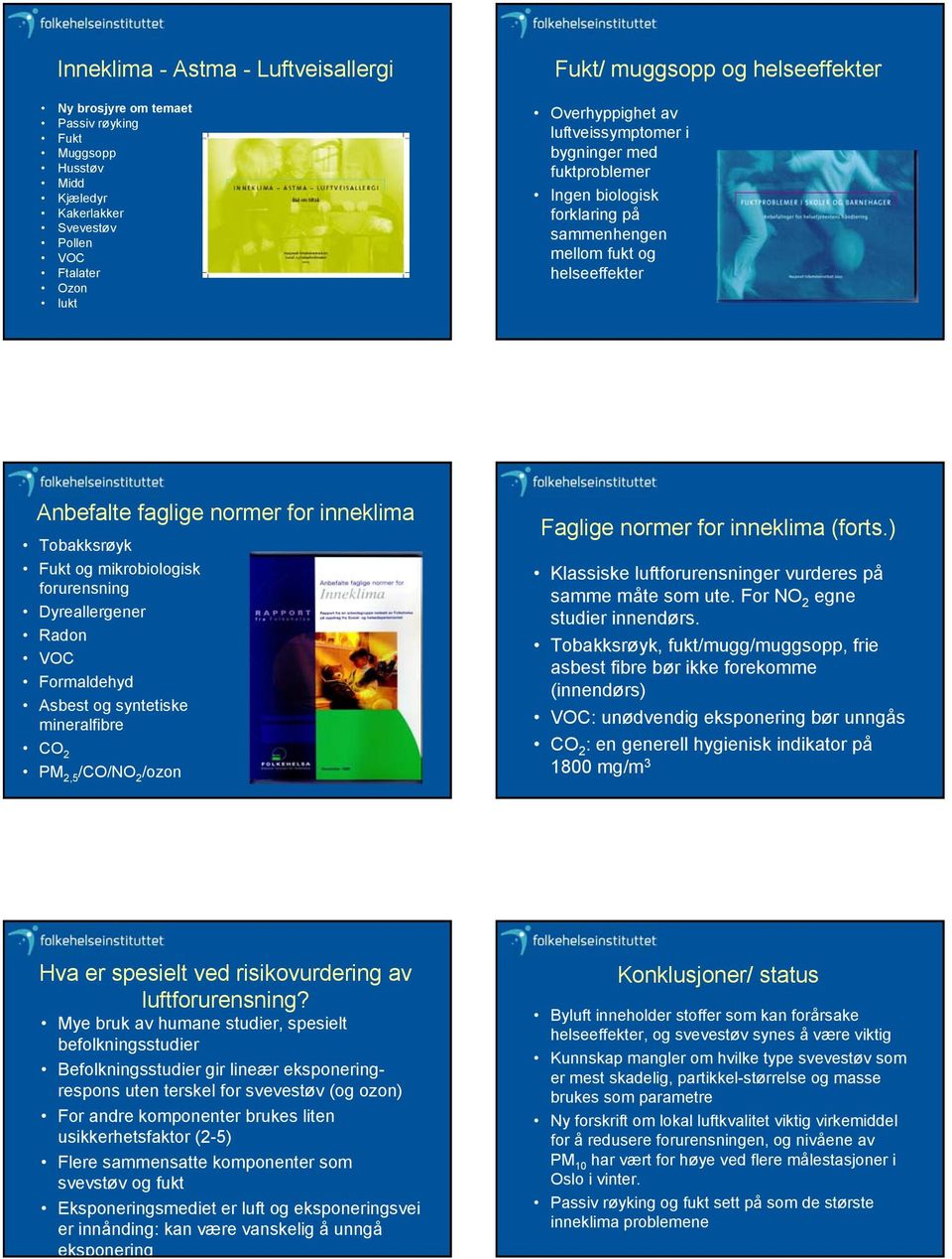 mikrobiologisk forurensning Dyreallergener Radon VOC Formaldehyd Asbest og syntetiske mineralfibre CO 2 PM 2,5 /CO/NO 2 /ozon Faglige normer for inneklima (forts.