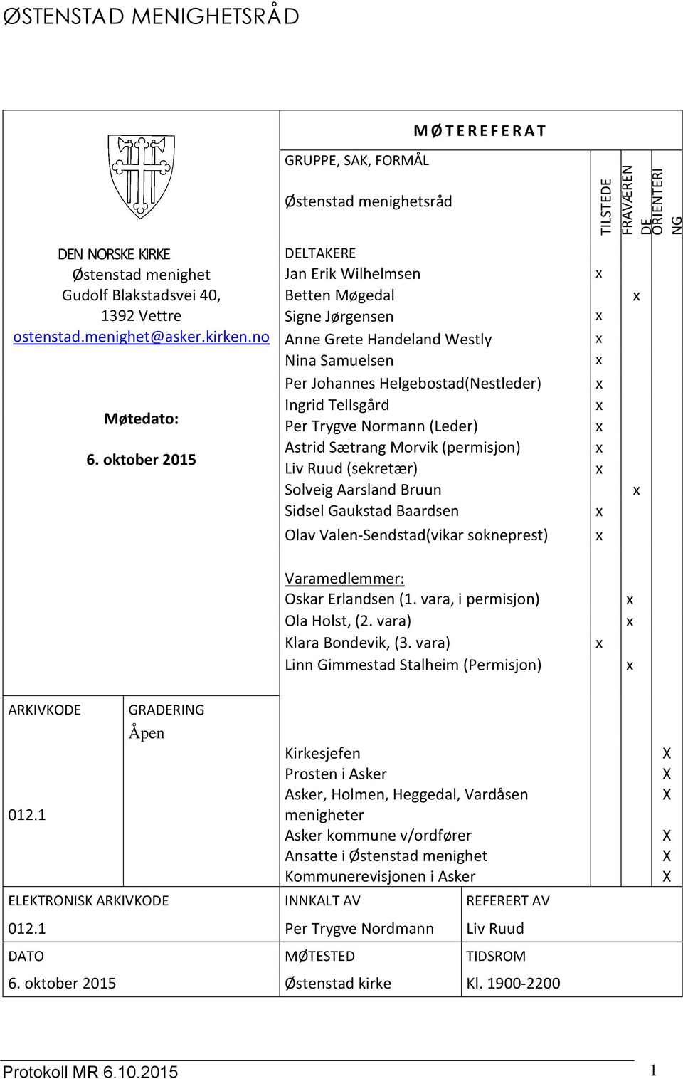 oktober 2015 DELTAKERE Jan Erik Wilhelmsen Betten Møgedal Signe Jørgensen Anne Grete Handeland Westly Nina Samuelsen Per Johannes Helgebostad(Nestleder) Ingrid Tellsgård Per Trygve Normann (Leder)