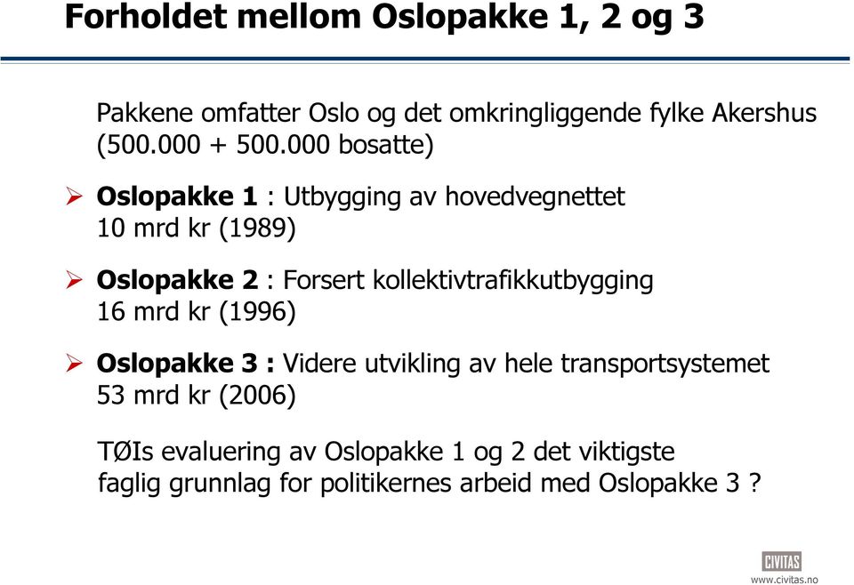 000 bosatte) Oslopakke 1 : Utbygging av hovedvegnettet 10 mrd kr (1989) Oslopakke 2 : Forsert