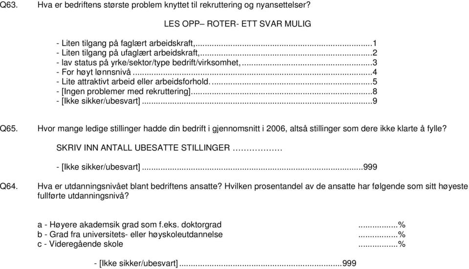 Hvor mange ledige stillinger hadde din bedrift i gjennomsnitt i 2006, altså stillinger som dere ikke klarte å fylle? SKRIV INN ANTALL UBESATTE STILLINGER Q64.