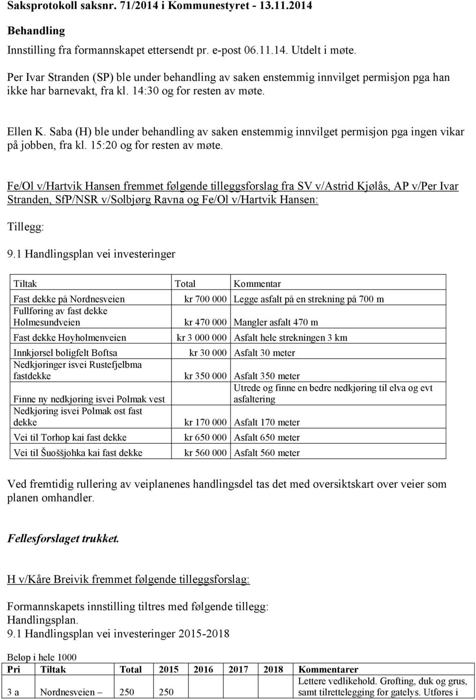 Saba (H) ble under behandling av saken enstemmig innvilget permisjon pga ingen vikar på jobben, fra kl. 15:20 og for resten av møte.