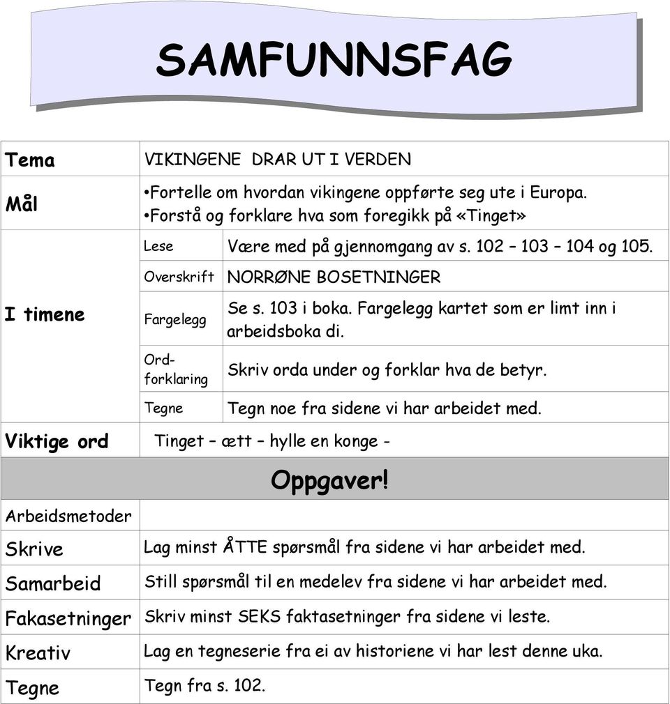 Skriv orda under og forklar hva de betyr. Tegn noe fra sidene vi har arbeidet med. Viktige ord Tinget ætt hylle en konge - Oppgaver!