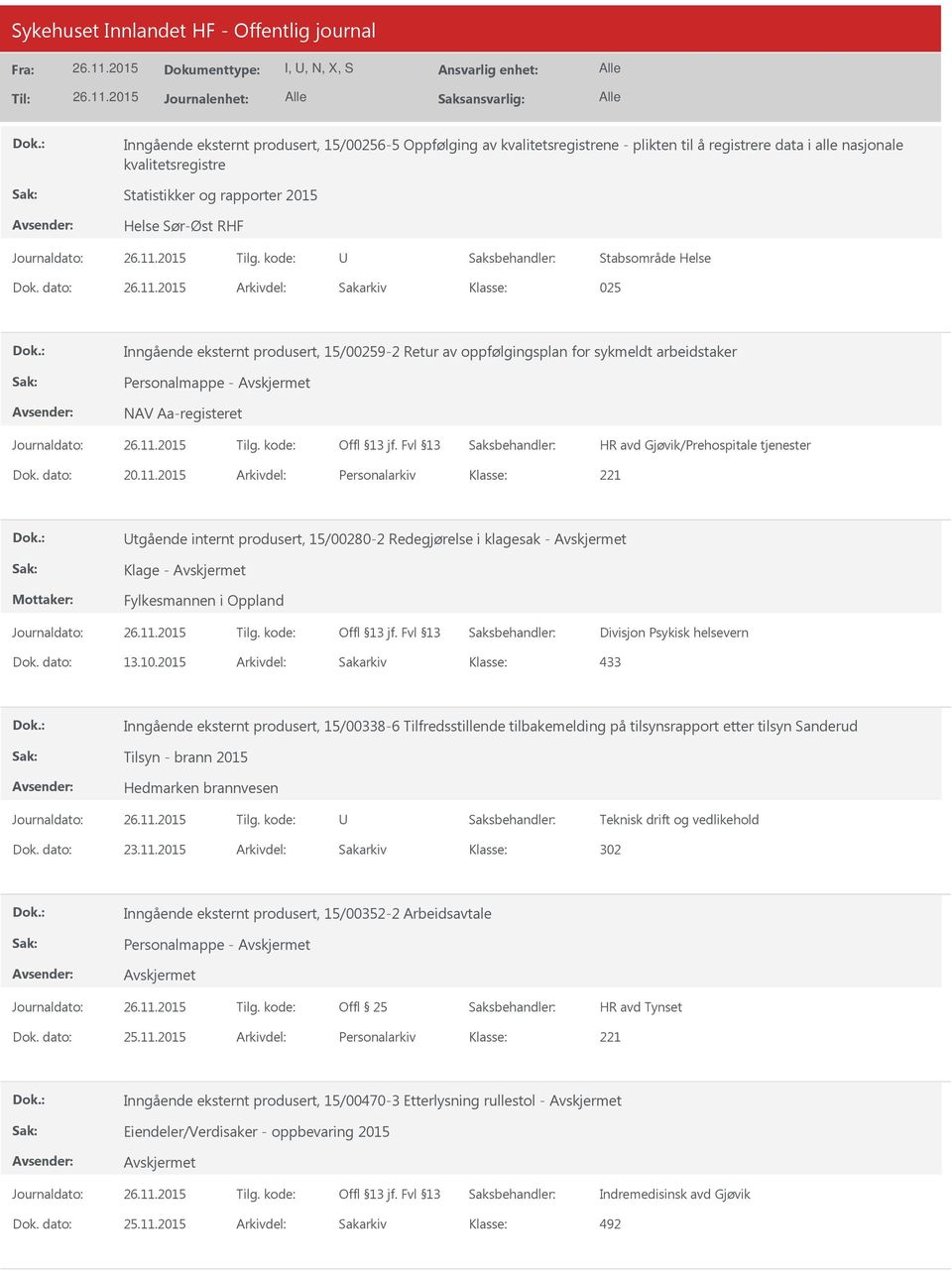 2015 Arkivdel: Personalarkiv tgående internt produsert, 15/00280-2 Redegjørelse i klagesak - Klage - Fylkesmannen i Oppland Divisjon Psykisk helsevern Dok. dato: 13.10.