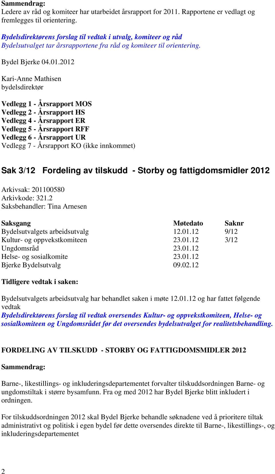 2012 Kari-Anne Mathisen bydelsdirektør Vedlegg 1 - Årsrapport MOS Vedlegg 2 - Årsrapport HS Vedlegg 4 - Årsrapport ER Vedlegg 5 - Årsrapport RFF Vedlegg 6 - Årsrapport UR Vedlegg 7 - Årsrapport KO