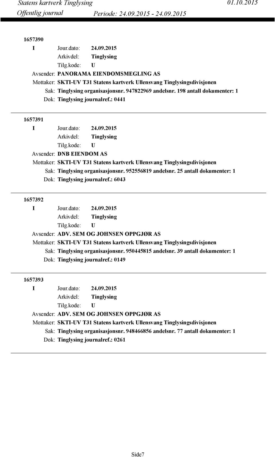 25 antall dokumenter: 1 Dok: journalref.: 6043 1657392 Avsender: ADV. SEM OG JOHNSEN OPPGJØR AS Mottaker: SKTI-V T31 Statens kartverk llensvang sdivisjonen organisasjonsnr. 950445815 andelsnr.