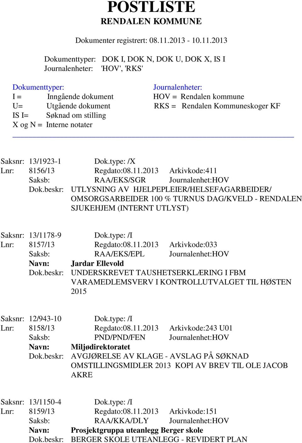 8-9 Dok.type: /I Lnr: 8157/13 Regdato:08.11.2013 Arkivkode:033 Saksb: RAA/EKS/EPL Journalenhet:HOV Navn: Jardar Ellevold Dok.