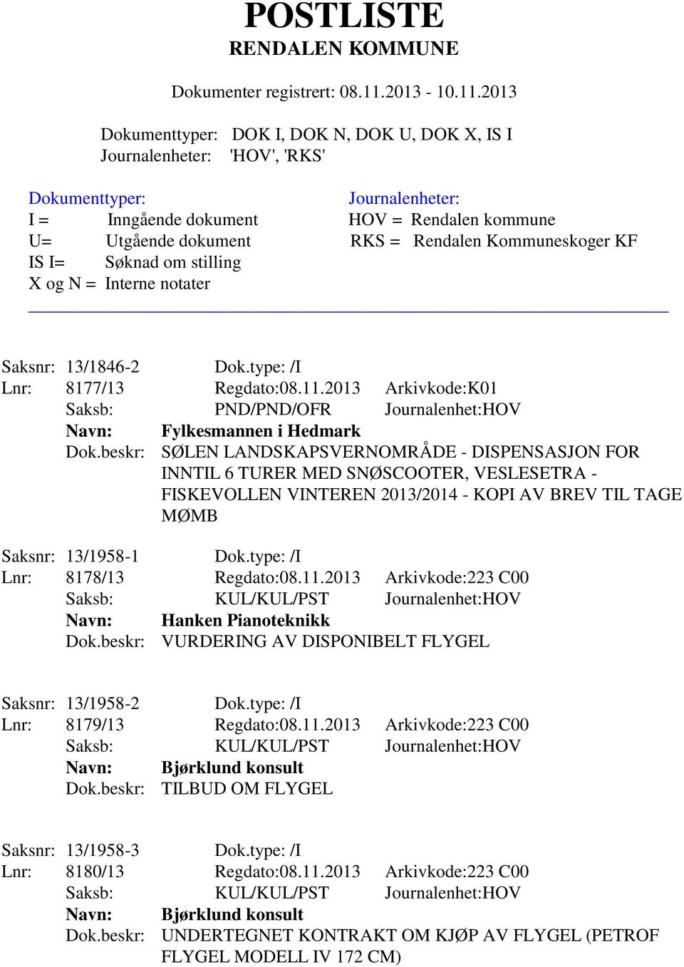 type: /I Lnr: 8178/13 Regdato:08.11.2013 Arkivkode:223 C00 Saksb: KUL/KUL/PST Journalenhet:HOV Navn: Hanken Pianoteknikk Dok.beskr: VURDERING AV DISPONIBELT FLYGEL Saksnr: 13/1958-2 Dok.