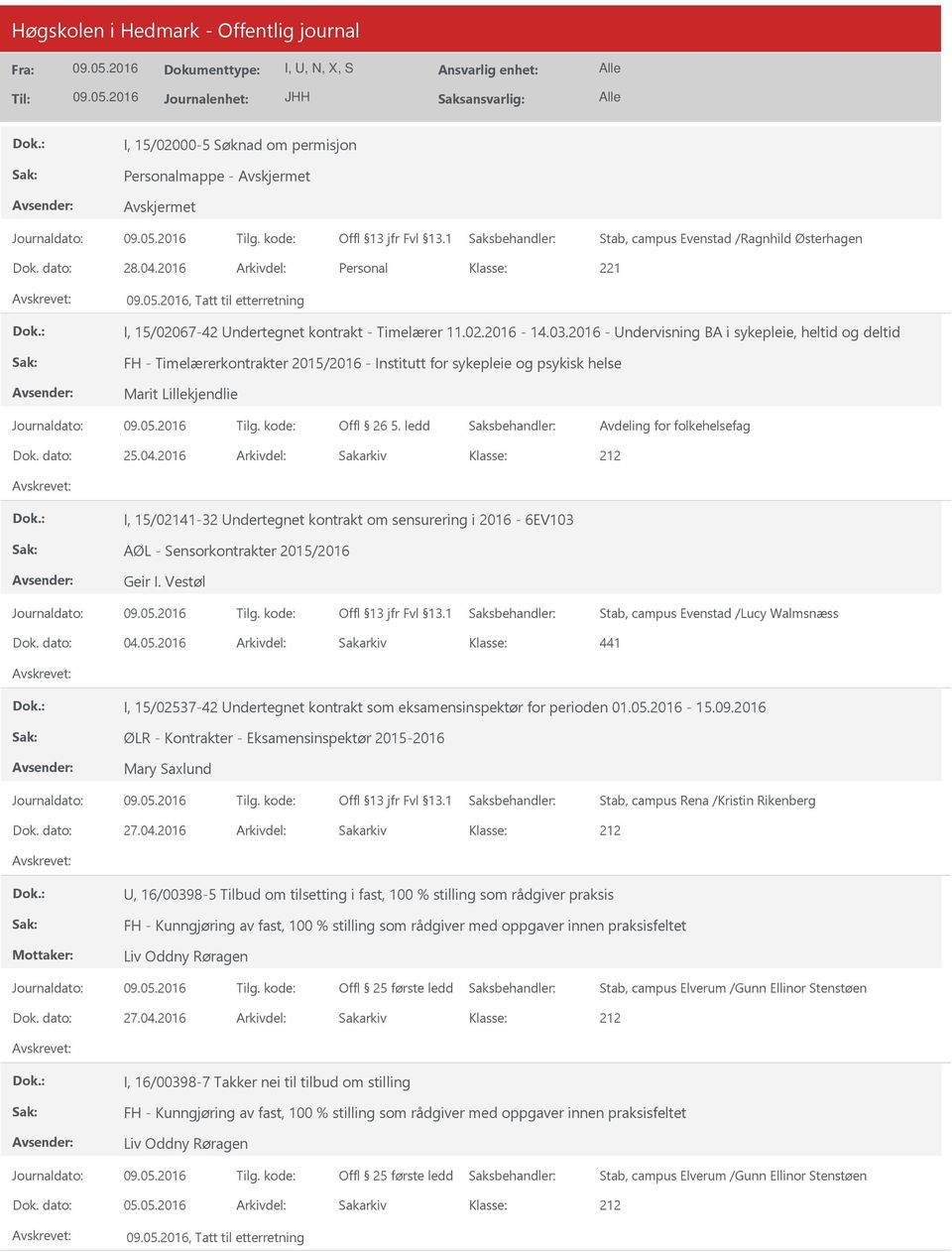 2016 - ndervisning BA i sykepleie, heltid og deltid FH - Timelærerkontrakter 2015/2016 - Institutt for sykepleie og psykisk helse Marit Lillekjendlie Offl 26 5. ledd Avdeling for folkehelsefag Dok.