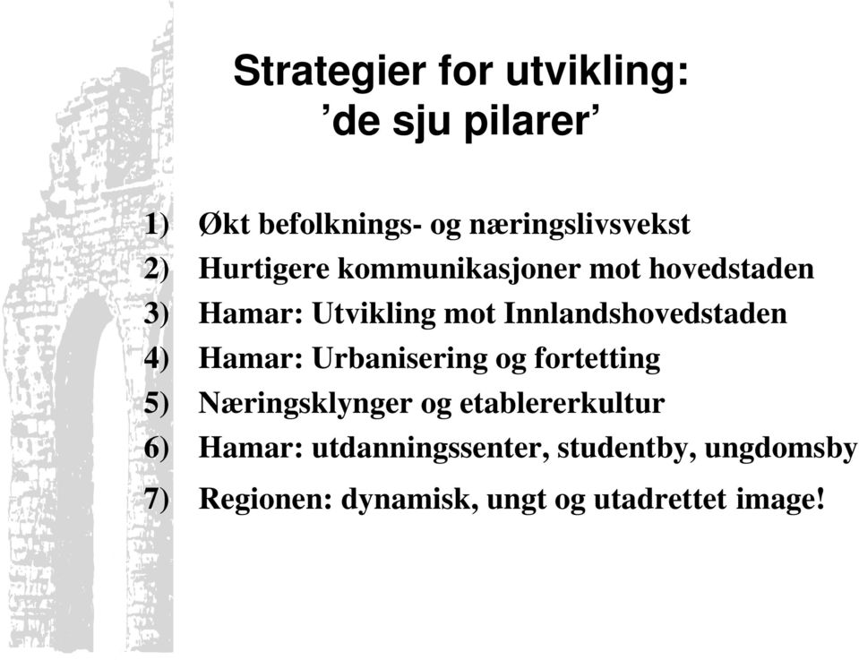 4) Hamar: Urbanisering og fortetting 5) Næringsklynger og etablererkultur 6) Hamar: